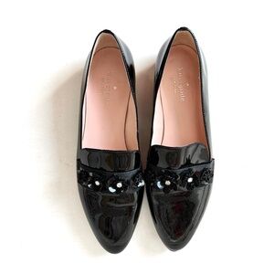 Kate Spade Black Patent Leather Loafers with Sequin Flower Detail